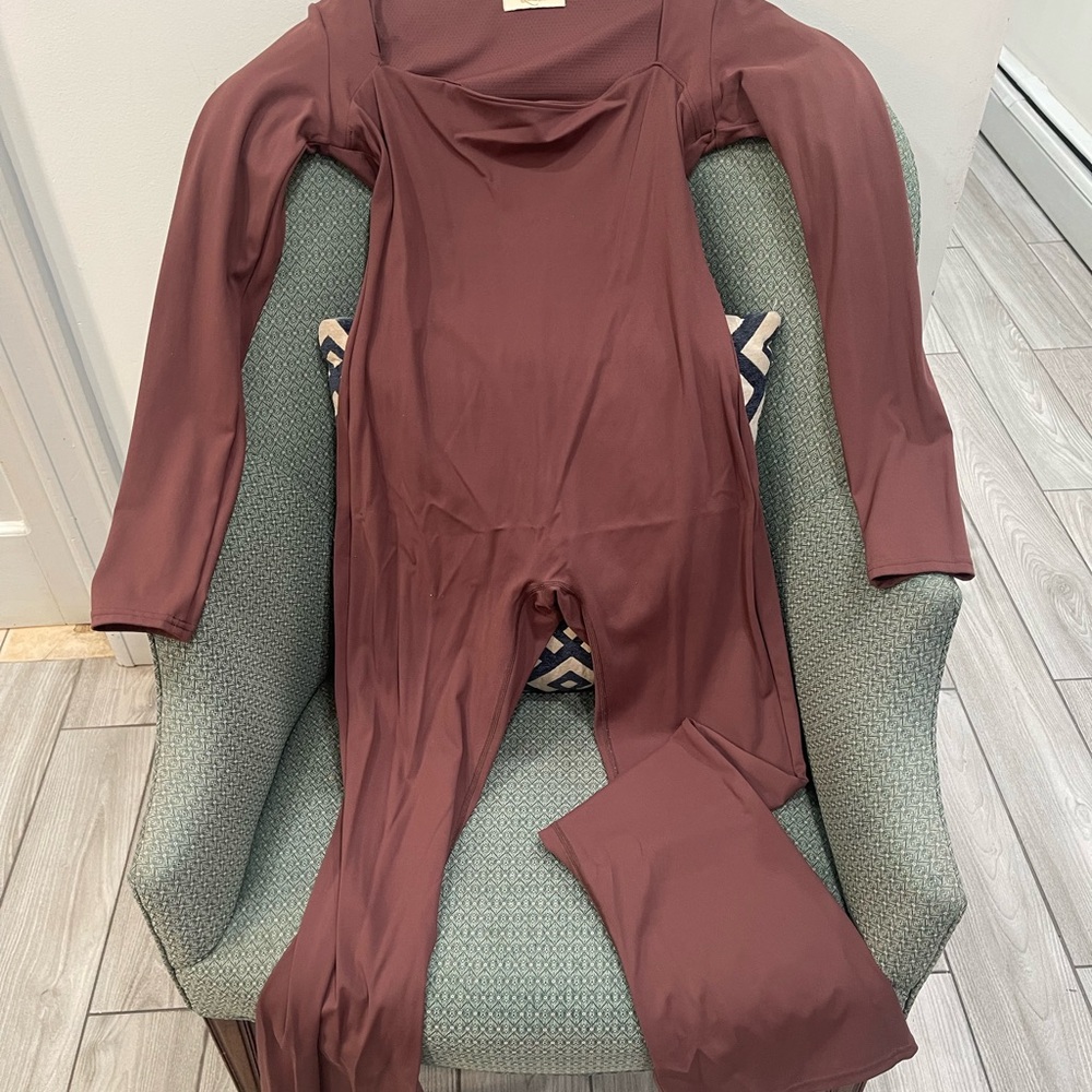 Long Sleeve Burgundy Jumpsuit - Women's Stretch One-Piece
